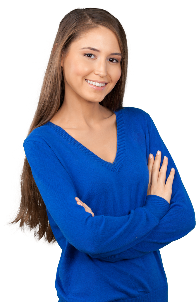 Smiling Young Woman Standing with Crossed Arms - Isolated